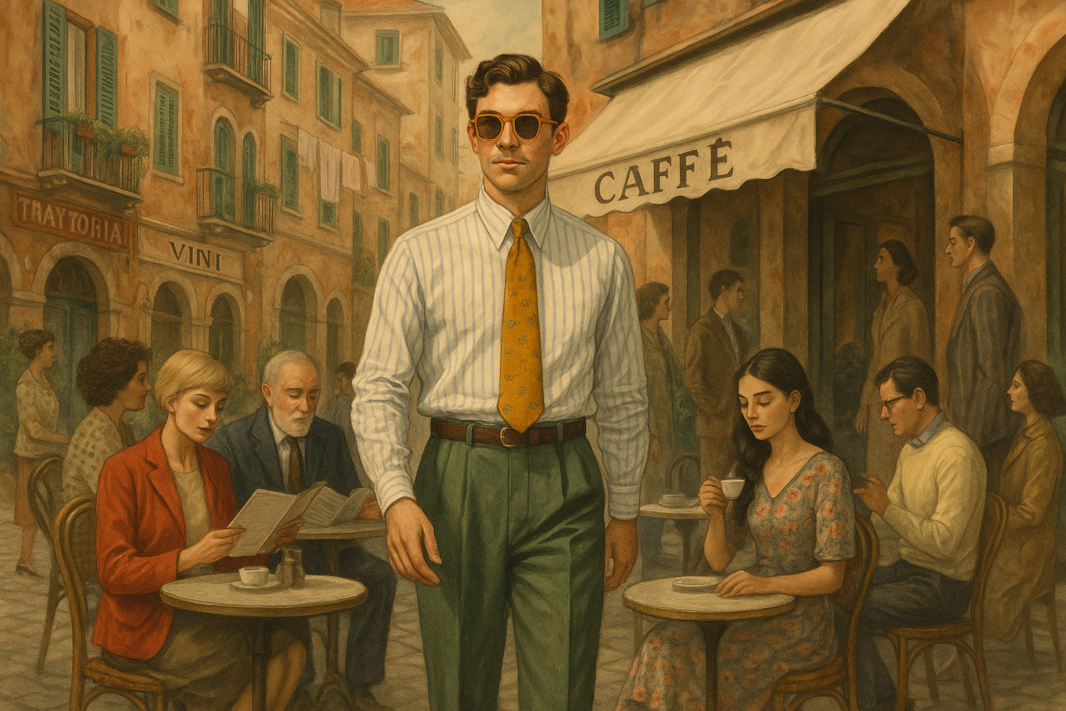 Italian cafe scene with authentic Italian atmosphere and round retro sunglasses